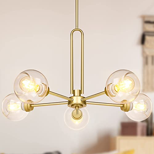 Yolsunes Globe Chandelier Pendant Lighting, Gold Modern Large Semi-Flush Ceiling Light Fixture with Clear Glass, 5-Light Sputnik Light Fixture Dining Room, for Kitchen Living Room Bedroom