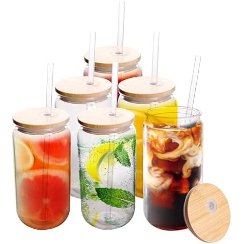 Joytra 16oz Drinking Clear Cups with Bamboo Lids and Straws, 6pcs Cover