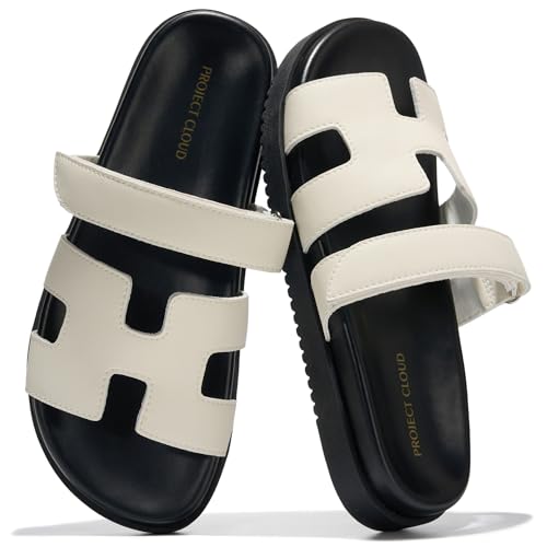 Project Cloud 100% Genuine Leather Sandals for Women Footwear - Stylish Womens Sandals with Plush & Soft Insole - Non-Slip and Water-Resistant Beach Sandals Slides for Women (Mayvy, White, 6.5)