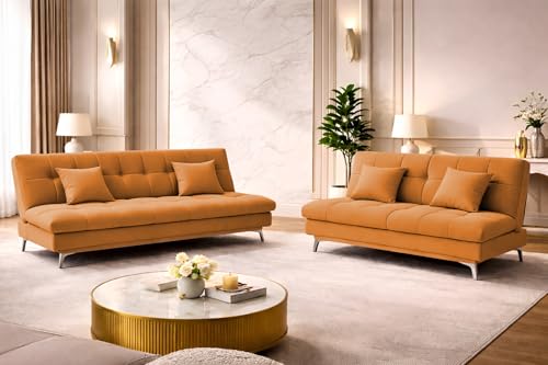 Image of Krancy Solid Wood 3 + 2 Seater Sofa Cum Bed with 2 Cushions | Convertible Wooden Couch for Living Room, Home & Office | Modern Designer Furniture | 3 Years Warranty | Orange
