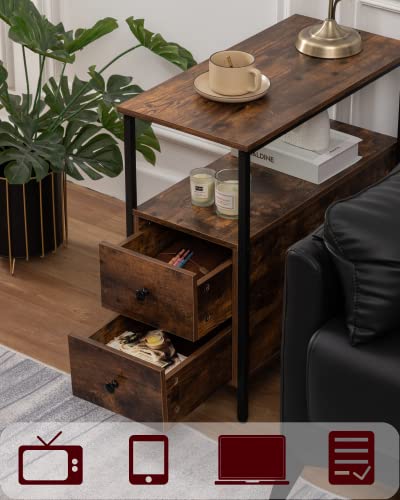Weenfon Side Table,End Table With 2 Drawers & 1 Open Storage Shelf, Narrow Sofa Side Table With Metal Legs,Accent Furniture For Living Room，Bedroom， Rustic Brown And Black #TOP4