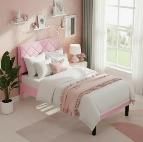 Image of APRODZ Twin Size Bed | Upholstered Bed Frame with Channel Tufted Headboard | Bed Twin Size Wooden Legs | Double Bed King Size Without Storage | Bedroom Furniture | Pink Fabric & Black Wooden Legs