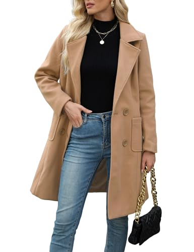 Image of Bankeng Women Winter Wool Blend Camel Mid-Long Coat Notch Double-Breasted Lapel Jacket Outwear (S,Khaki)