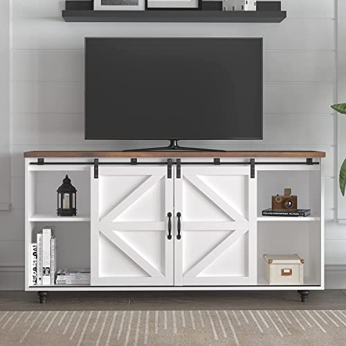 Farmhouse Coffee Bar Cabinet With Sliding Barn Door 58” Buffet Storage Cabinet Kitchen Buffet & Sideboard Cabinets Wood Coffee Bar Table With Shelf For Kitchen Dinning Room Living Room #TOP5