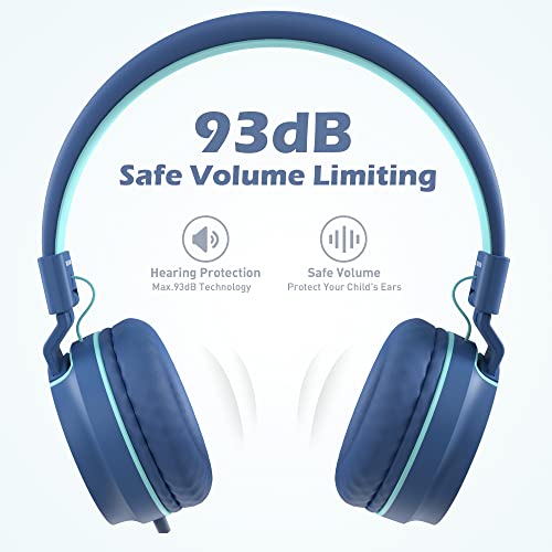 Image of AILIHEN I35 Kids Headphones for School with Mic, 93dB Safe Volume, Blue | Wired On Ear Headphones for Girls Boys, 3.5mm Foldable Lightweight for Classroom Chromebook, Laptop, Computer, Tablet