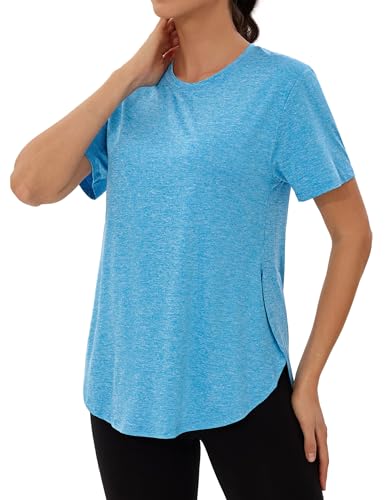 Wayleb Sport Tshirt Damen Kurzarm – Atmungsaktiv Rundhals Fitnessoberteil für Joggen, Wander, Running und Treking, Himmelblau XXL