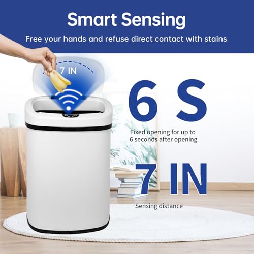 Image of BestOffice | 13 Gallon Stainless Steel Trash Can with Lid | White | Automatic Touchless Garbage Can | Odor Control | Modern Oval Design | Easy to Clean | For Kitchen, Bathroom, Office or Home