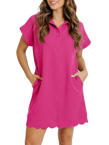 Fisoew Womens Summer T Shirt Mini Dress Short Sleeve Collared V Neck Button Loose Active Dresses with Pockets