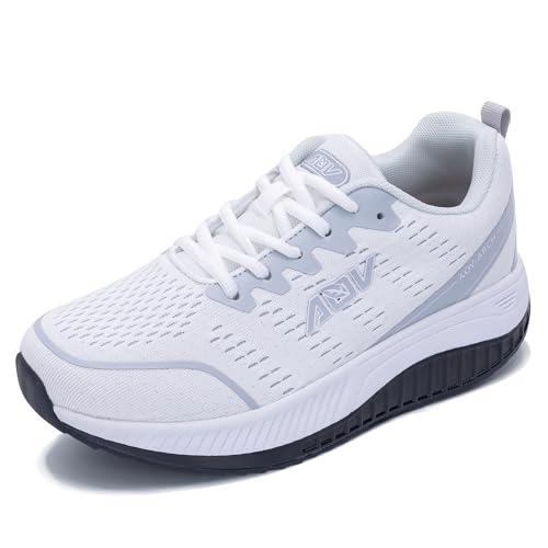 HuJAT Women's Wide Walking Shoes Arch Support Orthotic Tennis Sneakers for Plantar Fasciitis & Foot Pain Relief WhiteGrey US Size 9