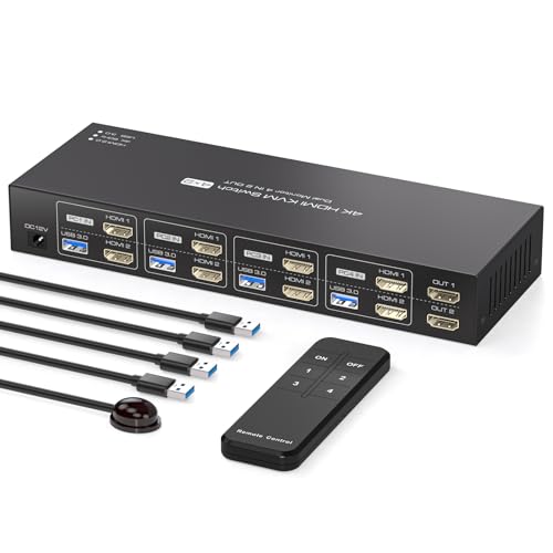 【HDMI KVM Switch 4 pc 2 monitor】Lo switch kvm 4 pc usb consente a 4 computer di condividere 2 monitor e 4 dispositivi USB 3.0 come mouse, tastiere, stampanti e altro. È possibile passare facilmente da un computer all'altro utilizzando il telecomando o il pulsante di commutazione sul pannello. Supporta la duplicazione e l'espansione dello schermo. Modalità copia: Riproduce la stessa immagine su 2 monitor. Modalità estesa: Riproduce immagini diverse su 2 monitor. Nota: ogni computer deve disporre di 2 porte HDMI.