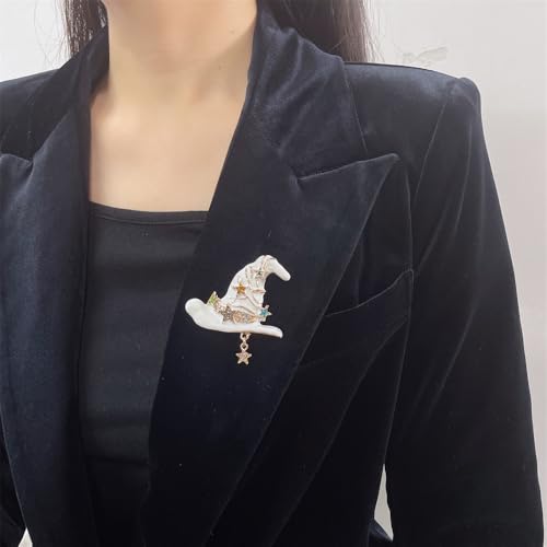 Image of Vintage Witch Hat Star Colorful CZ Dangle Black White Enamel Halloween Brooch Lapel Pins for Women Girls Boys Gold Plated Fashion Magic Witch Brooches Pin Cute Holiday Party Hat Bag Suit Accessories Jewelry Gift