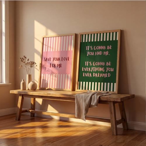 Image of Suneree Aesthetic Quote Wall Art Set of 2 Framed Paintings | Pink Green Striped Typography Poster | Couple Bedroom Living Room Home Decor (Art 5, 13x19 Inches)