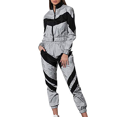 Shujin Damen Reflektierende Sportanzug Bekleidungsset 2 Stück Bauchfrei Sportjacke mit Reißverschluss und Jogginghose Freizeitanzug Outfits Yoga Trainingsanzug
