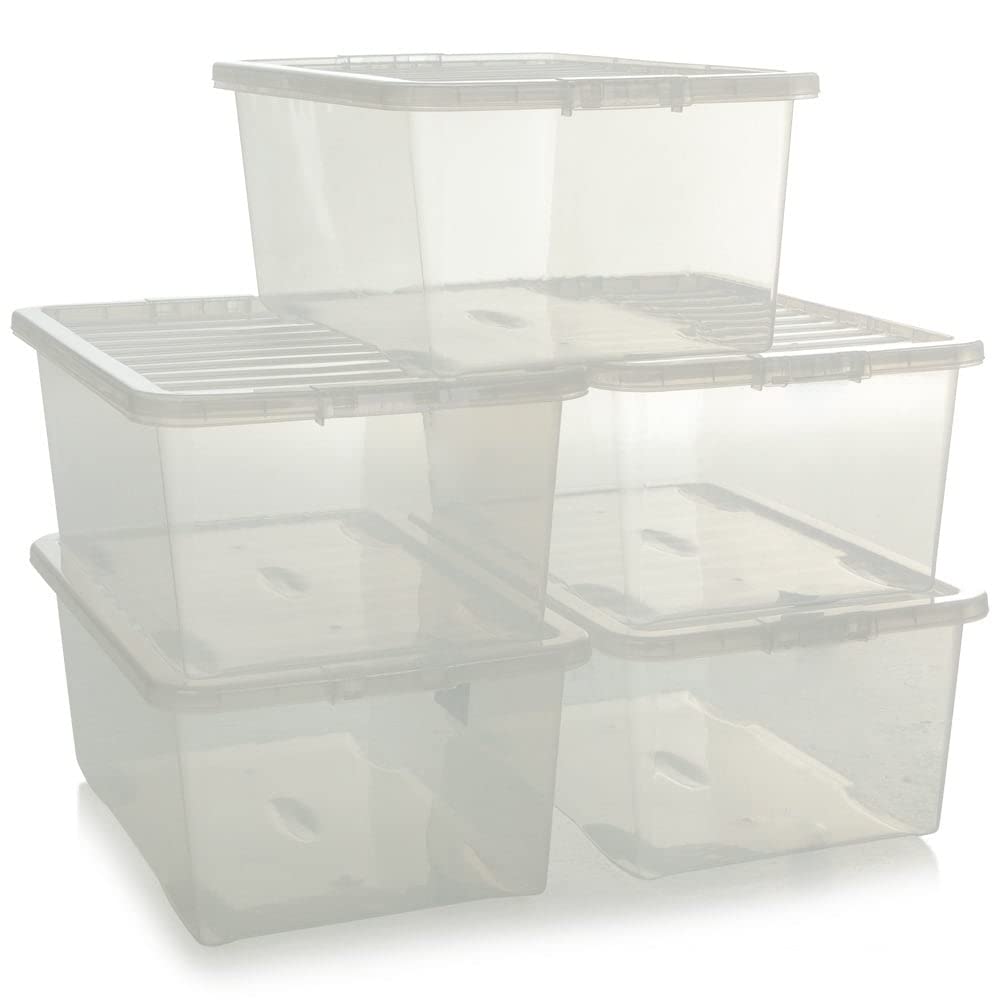 Muddy Hands Pack of 5 - Large 45 Litre Heavy Duty Clear Plastic Storage Boxes with Lids Stackable Containers