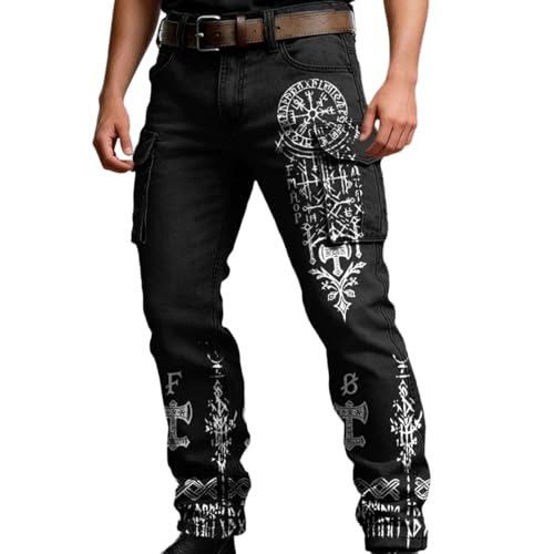 Generisch Pantalones cargo para hombre, pantalones de trabajo con estampado vikingo, pantalones norse, mitología, vintage, pantalones de exterior con bolsillos mulri, estilo gótico, punk, pantalones