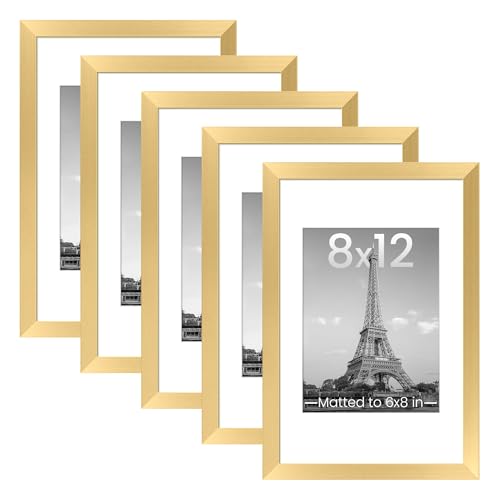 Image of upsimples 8x12 Picture Frame Set of 5, Display Pictures 6x8 with Mat or 8 x 12 Without, Wall Gallery Photo Frames, Gold