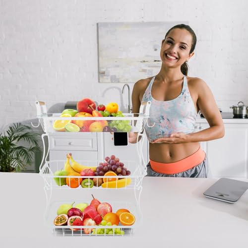 HUOLE - Cesta para frutas y verduras para encimera de cocina, cesta de almacenamiento de alambre metálico, soporte de frutas para pan aperitivos, con 2 perchas en forma de plátano, 37 x 22 x 55,5 cm