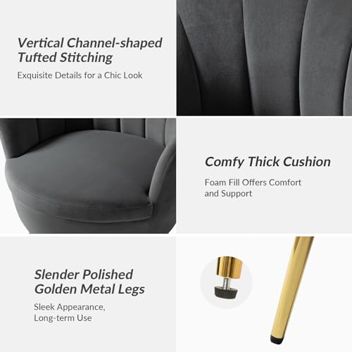 Image of HULALA HOME Modern Velvet Accent Chairs Set of 2 with Shell Shaped Back, Cute Living Room Bedroom Armchairs Sofa Chairs with Gold Legs, Comfy Upholstered Vanity Chairs for Makeup Room, Grey