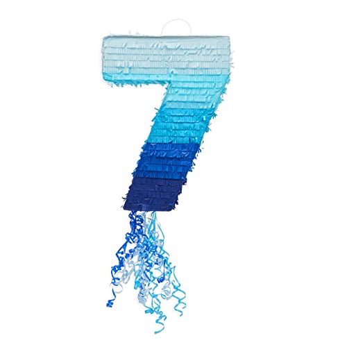 Number 7 Pull String Pinata For Boys 7Th Birthday Party Decorations, Ombre Blue (16.5 X 11.35 In) #TOP2