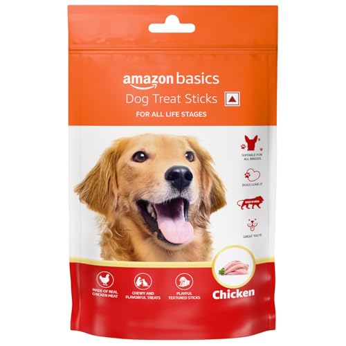 Image of Amazon Basics Dog Treat Sticks 140 gm, Chewy Meat Sticks for Adult Dogs and Puppies, High Protein Dog Treats for Training and Snacks, Made of Real Chicken Meat, Ziplock Pack, Chicken Flavor
