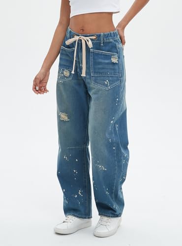 Ladyful Women's Wide Leg Baggy Jeans Drawstring Elastic Mid Rise Denim Pants Vintage Distressed Jeans4