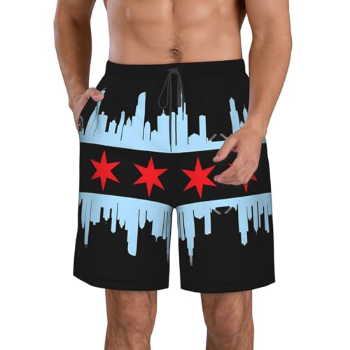 Chicago City Flag Skyline Men's Beach Shorts Drawstring Running Athletic Shorts Loose Shorts