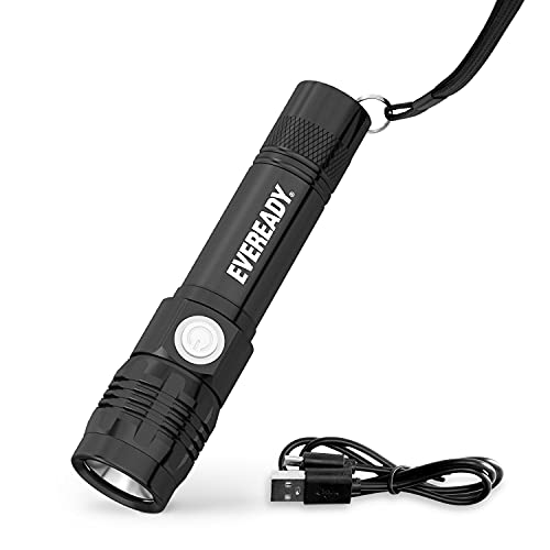 Eveready Rechargeable Flashlight, Rugged Aluminum Build, IPX4 Water Resistant, LED Flashlight, Micro UB Charging Cable Included, Black, One Size