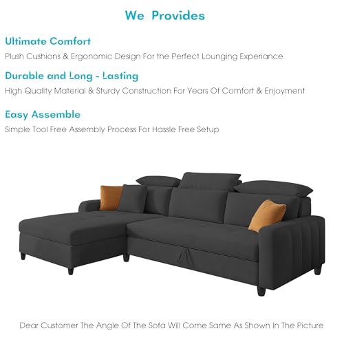 Image of Casaliving Gagnon LHS 4 Seater L Shape Corner Sofa Cum Bed for Living Room (Black Fabric) Premium Fabric Sofa