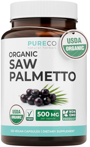 PURE CO USDA Organic Saw Palmetto Supplement - Organic Saw Palmetto for Women & Mens Urinary Tract Prostate & DHT Blocker for Women - Whole Berries - Vegan Non-GMO & Lab Verified (4 Month Supply)
