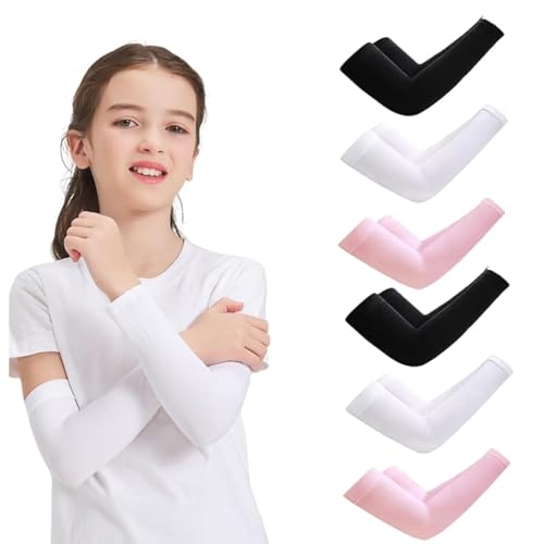 6Pairs Arm Sleeves for Kids, UV Sun Protection Cooling Arm Compression Sleeves for Boys Girls, Outdoor Sport Running Breathable Elastic Arm Cover for Youth (7-12 Years)