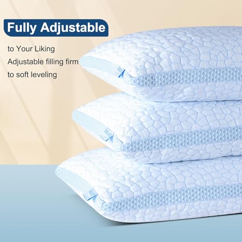 Image of QUTOOL Enhanced Cooling Pillows for Sleeping, CertiPUR-US Shredded Memory Foam Pillows Standard Size Set of 1 for Hot Sleeper, Adjustable Pillow for Side, Back, Stomach Sleepers Support Yet Soft, Blue