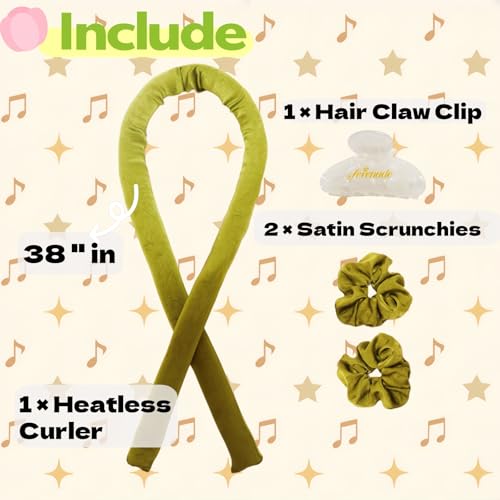 Serenade Satin Heatless Curls Overnight for Long Hair, Heatless Hair curler for Women and Girls, No Heat Curling Rods with Satin Scrunchies and Clip, Green