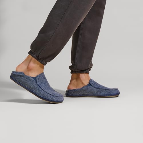 Image of OluKai Moloa Hulu Men's Wool-Blend Slippers, Soft & Heathered Knit Slip On Shoes, Suede Leather Foxing, Drop-In Heel Design