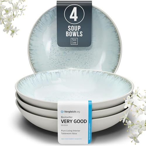 Image of Stoneware pasta bowls set 4 pcs – 7.7" light beige & blue ceramic plates & salad bowls – Dishwasher and microwave safe – Large soup bowls stylish set – Dinner service Pure Living