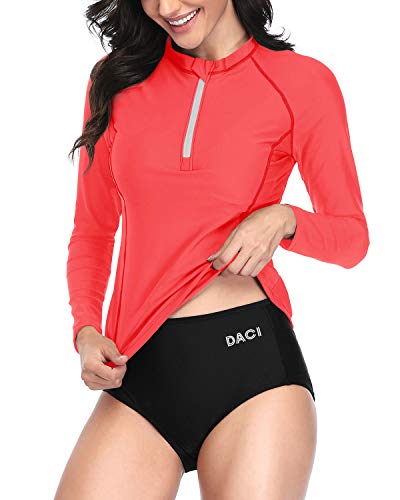 image for Daci Women Coral 2 Piece Rash Guard Long Sleeve Bathing Suit with Bott