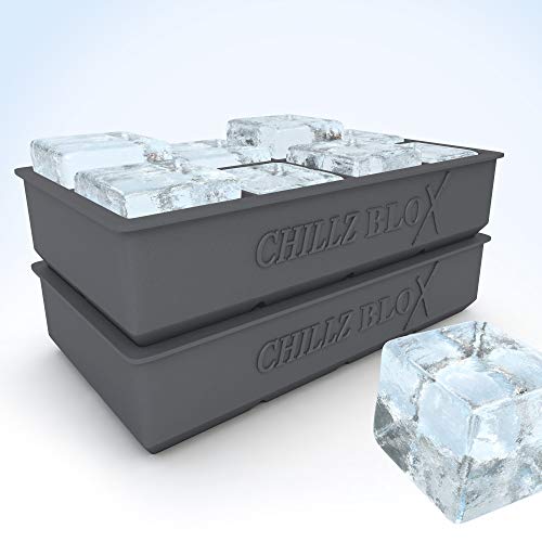 The Classic Kitchen Chillz Blox Large Ice Cube Tray Set for Whiskey - Silicone Ice Mold Maker - Each Tray Molds Eight 2 Inch Ice Cubes (2 Pack)