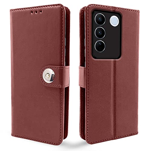 Image of Pikkme Vivo V27 / V27 Pro 5G Flip Cover Leather Finish | Inside TPU with Card Pockets | Wallet Stand and Shock Proof | Complete Protection Button Flip Case (Brown)