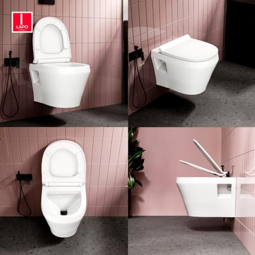 Image of LAPO P Trap Wall Hung Toilete, Ceramic Rimless Commode Toilet, Wall Hung Western Toilet With Soft Closing Toilete Seat (White, 20X15X14 Inch)-SPL