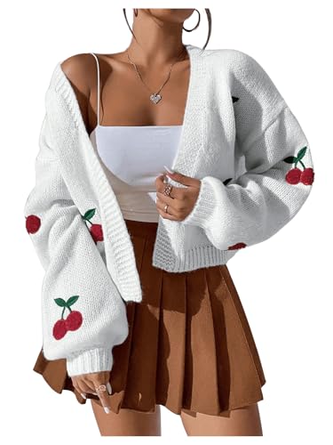Image of GORGLITTER Women's Cherry Cropped Cardigan Sweaters Open Front Long Sleeve Cute Chunky Knit Short Cardigan Trendy