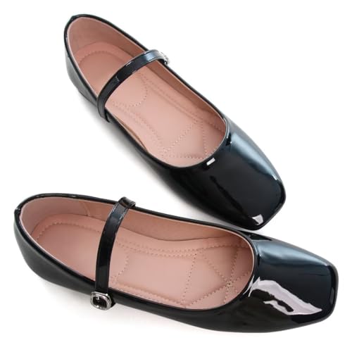 Stunner Ballet Flats for Women Women's Mary Jane Shoes Square Toe Casual Flats Comfortable Buckle Strap Flat Shoes Black 39(7.5) 24
