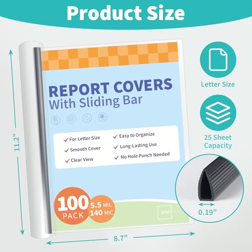 Image of Binditek Clear Report Covers with Sliding Bars, 25 Sheet Capacity, 100 Pack | Clear Report Covers for A4 and Letter Size, 5 mm Bars, 5.5 Mil Thick, Black, for Resumes, Presentations, School and Business