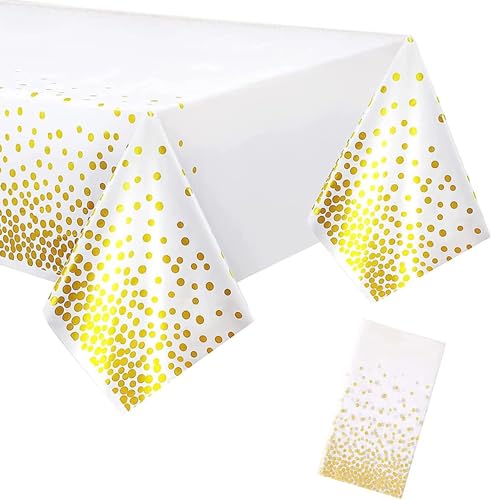 YXHZVON 1 Manteles de PláStico Desechables, Manteles Rectangulares de Lunares Blancos y Dorados para Bodas, Navidad, Fiestas de CumpleañOs, Picnics (137 X 274 cm)