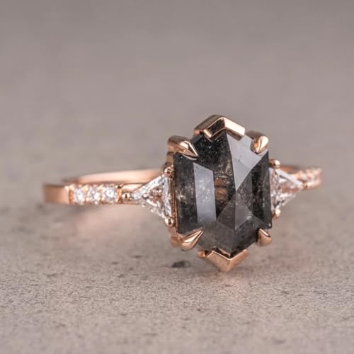 1.5ct Hexagon Cut Natural Salt And Pepper Diamond Engagement Ring Set for Women Sterling Silver/10K 14K 18K Gold Salt And Pepper Diamond Engagement Wedding Ring Set Anniversary Promise Rings3