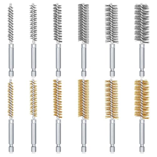 Image of Serplex 12Pcs Bore Brush Set for Drill Stainless Steel & Brass Wire Cleaning Brushes with 1 /4 inch Hex Shank, Wire Brush for Drill Machine, Rust & Paint Removal Tools for Power Drill, Impact Driver