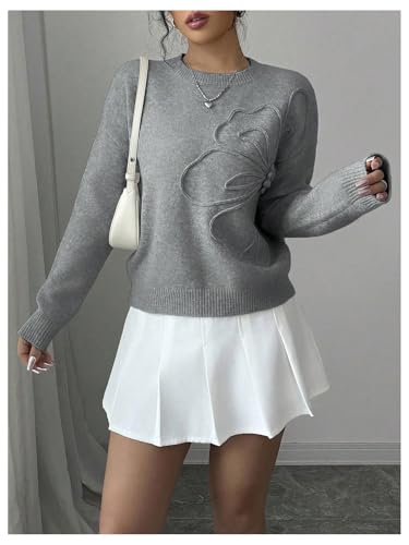 Image of RoseSeek Women's 3D Floral Appliques Crewneck Sweaters Long Sleeve Drop Shoulder Pullovers Elegant Knit Tops