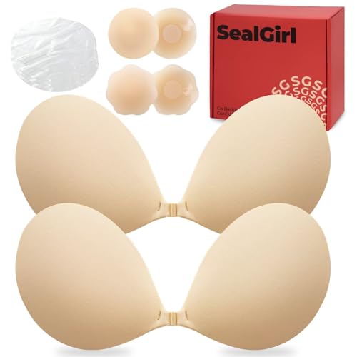 SealGirl Sticky Bra Push Up - 2 Pairs Backless Strapless Bra Invisible Adhesive Bras for Wedding Prom with Nipple Pasties