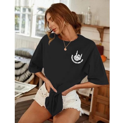 Image of Yuyiify Oversized Tshirts for Women Mama Overstimulated Cool Moms Club Skeleton Shirt Funny Mom Graphic Tees Top