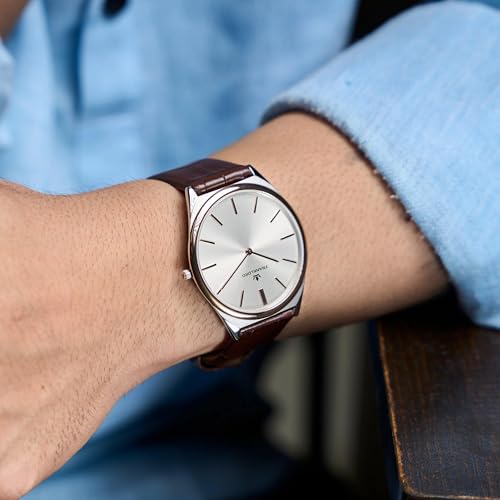 Image of Franklord Ultra-Slim Men's 5 mm Swiss Movement Dress Watch - 40 mm Case, Sapphire Crystal, 316L Stainless Steel with Leather Strap