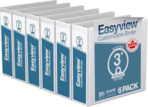 Image of Easyview 3-Ring Binder, Clear-View Cover, 3 inch Round Rings, White, 6 Pack | Heavy-duty binder, fits 8.5 inch x 11 inch paper, customizable cover, made in Canada, ideal for school or office use