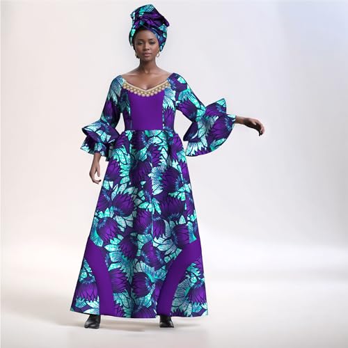 Image of iooiooi Womens African Print Party Maxi Dress Tradition Dashiki Ankara Long Dress & Headwrap